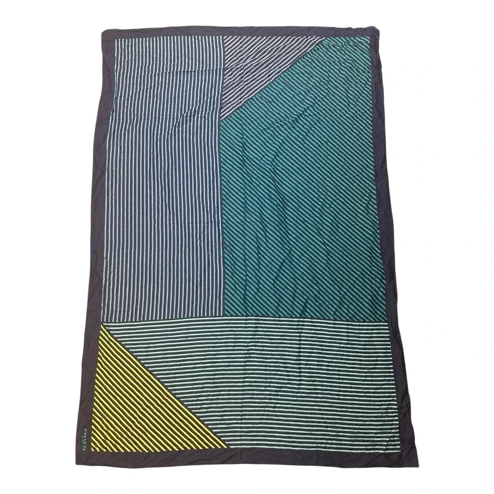 Coach New York XL Geometric Striped Scarf Wrap 68x46 Cotton Silk Blue NWT